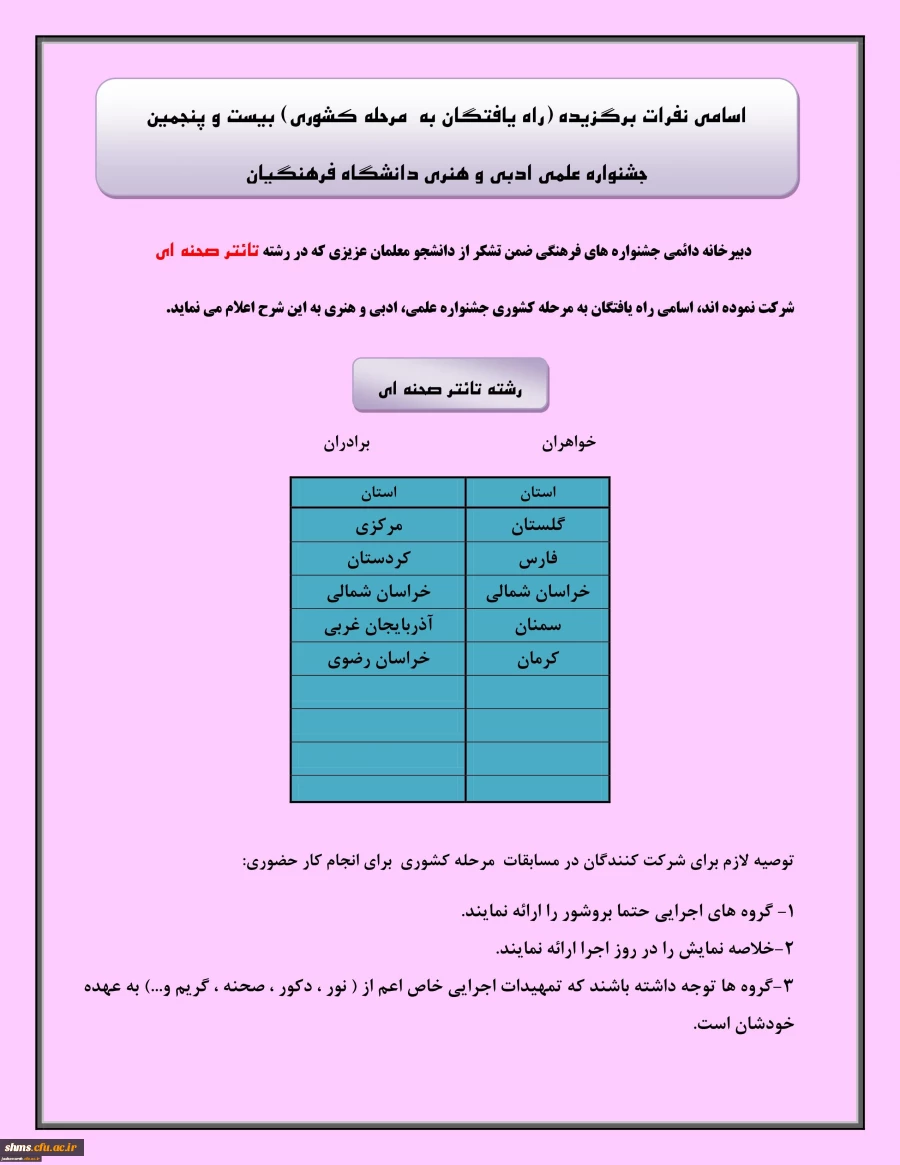 راه یافتن دانشجویان  پردیس های استان کردستان :
به مسابقات مرحله کشوری بیست و پنجمین جشنواره علمی و ادبی و هنری دانشگاه فرهنگیان 3
