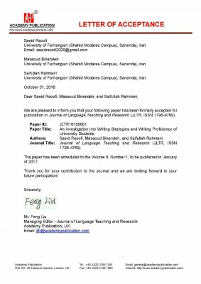 پذیرفته شدن و چاپ مقاله در مجله فنلاندی (Journal of Language Teaching Research)