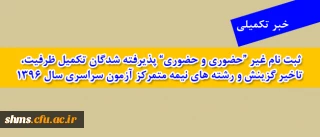 اطلاعیه تکمیلی 

پذیرفته شدگان تکمیل ظرفیت، تاخیر گزینش و رشته های نیمه متمرکز آزمون سراسری سال 1396