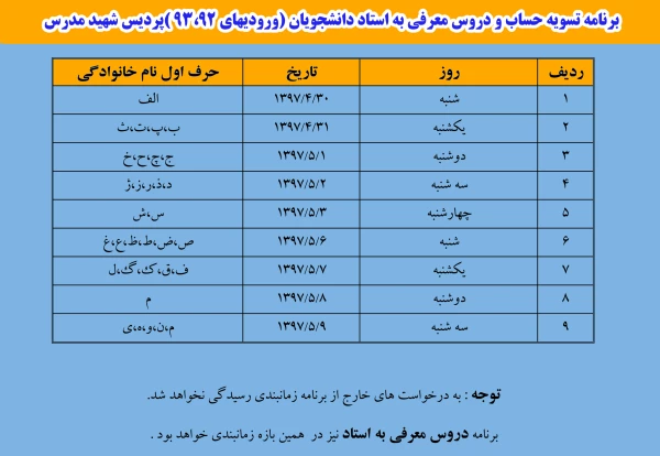 برنامه تسویه حساب و دروس معرفی به استاد دانشجویان (ورودیهای 93،92 )پردیس شهید مدرس 2