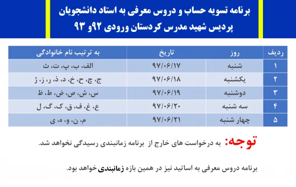 برنامه تسویه حساب و دروس معرفی به استاد دانشجویان؛ 

پردیس شهید مدرس کردستان ورودی 92و 93 2